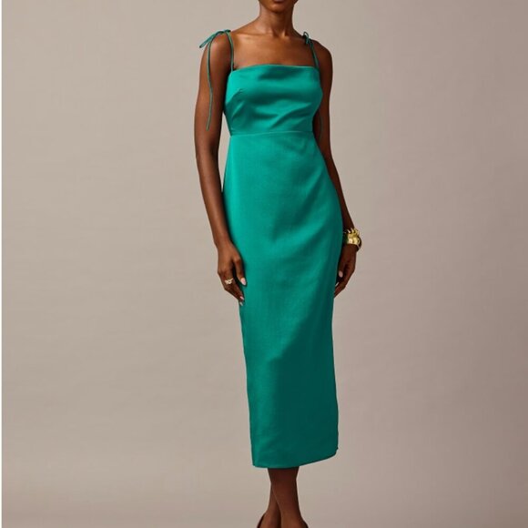 J. Crew NWT Collection Tie-strap Midi Dress In Textured Satin Green Size 10 - Picture 1 of 6